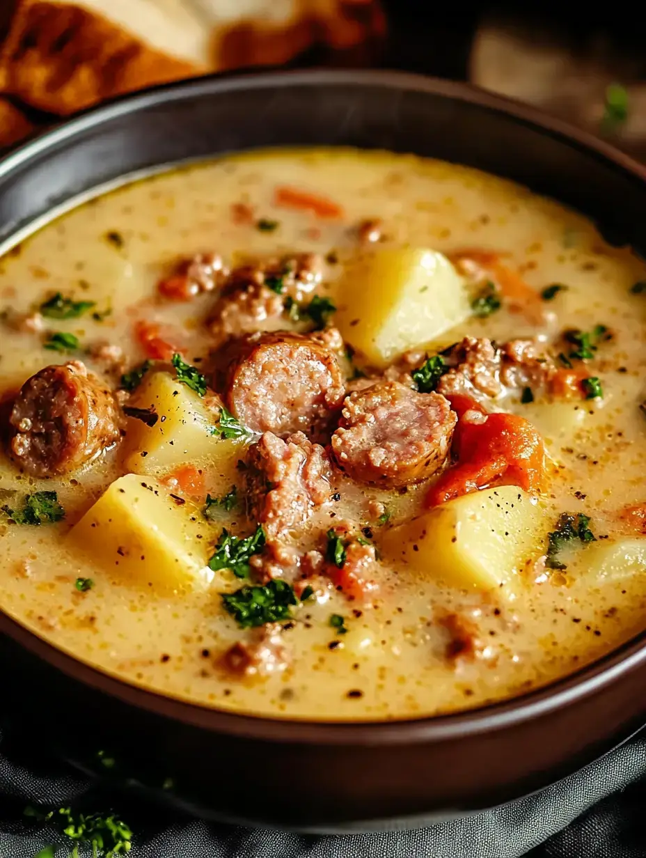 A bowl of creamy sausage and potato soup garnished with parsley.