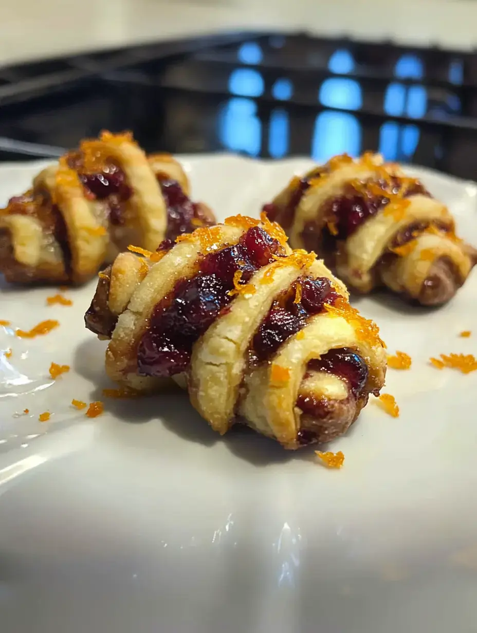 A plate of freshly baked pastries with a flaky crust, filled with cranberry and garnished with orange zest.