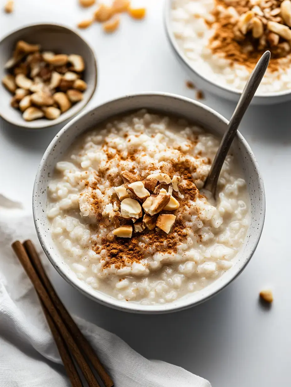 A bowl of creamy rice pudding topped with chopped nuts and a sprinkle of cinnamon, alongside a small dish of additional nuts and cinnamon sticks.