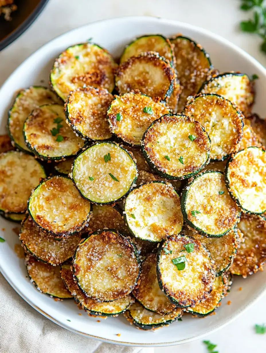 A close-up of a plate filled with golden-brown, crispy zucchini slices garnished with parsley.