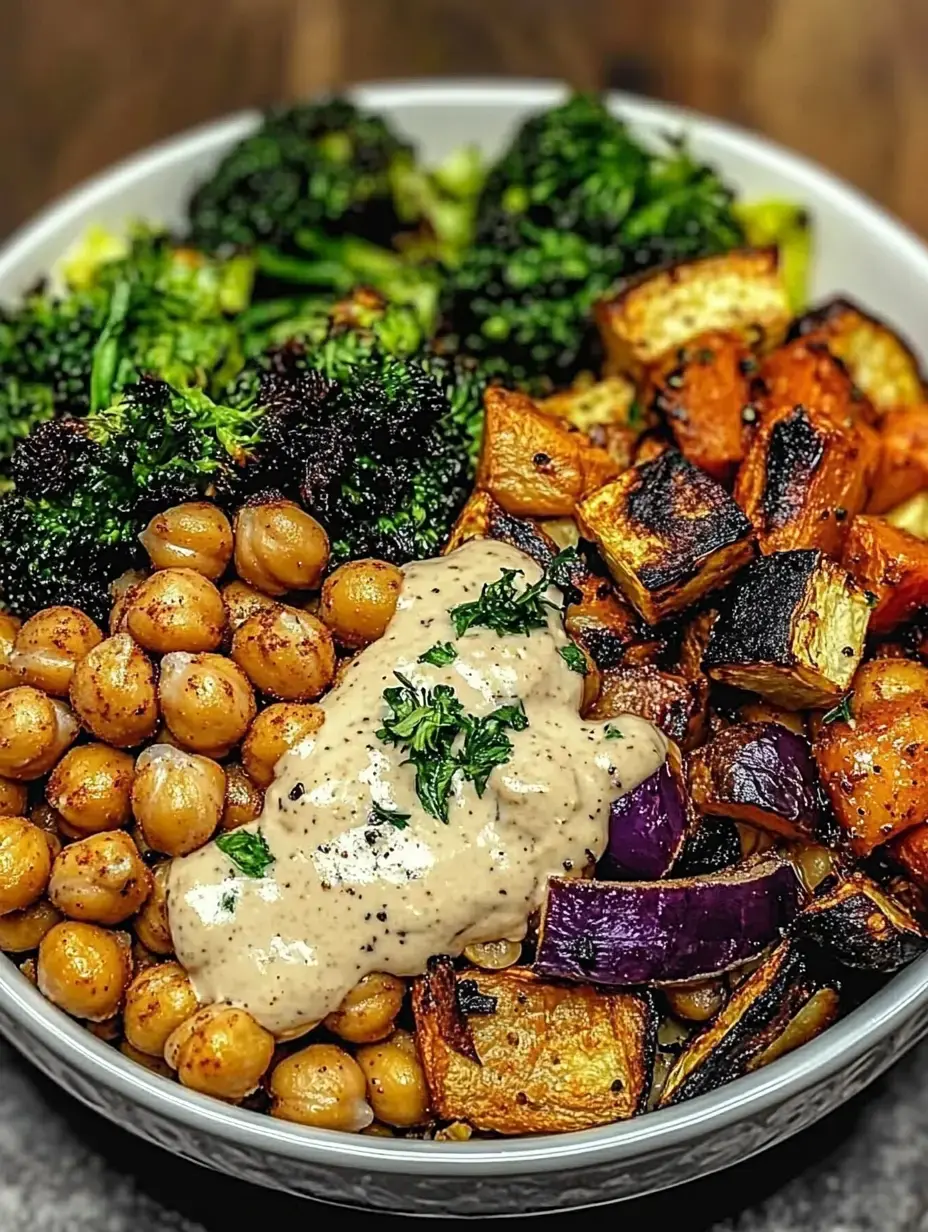 A bowl filled with roasted broccoli, chickpeas, assorted roasted vegetables, and a creamy sauce, garnished with fresh herbs.