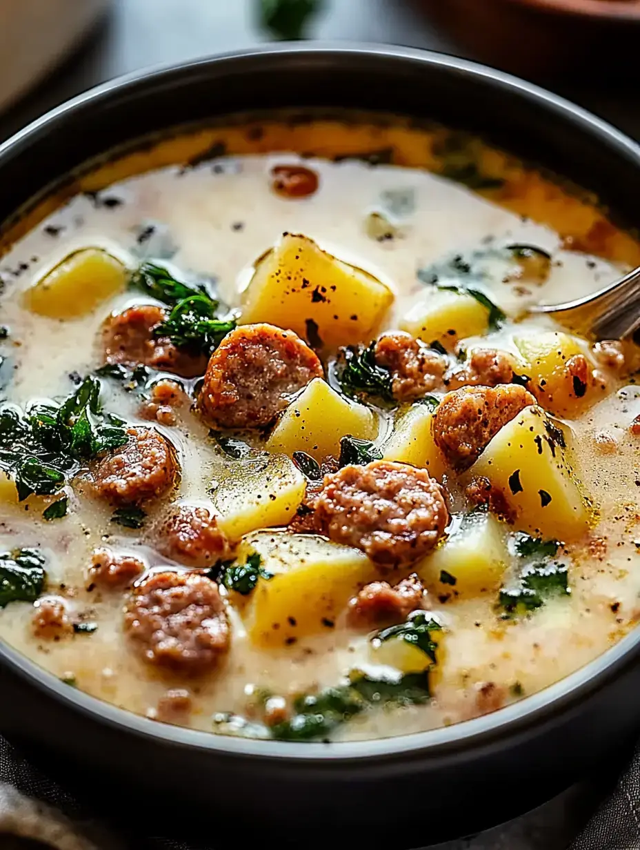 A creamy soup with diced potatoes, sausage, and spinach is served in a dark bowl.