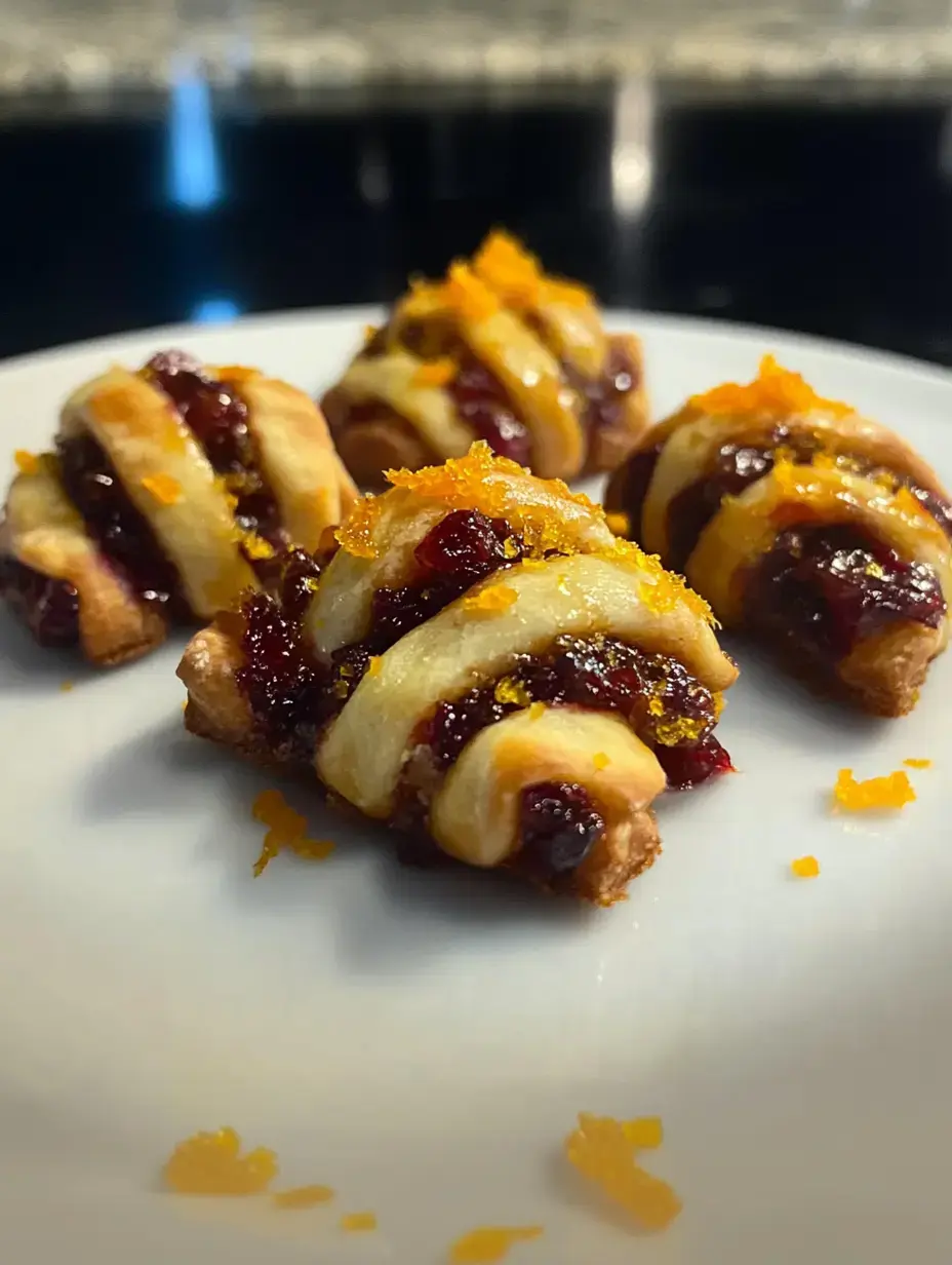 Four small, flaky pastries filled with cranberry jam and topped with orange zest are arranged on a white plate.