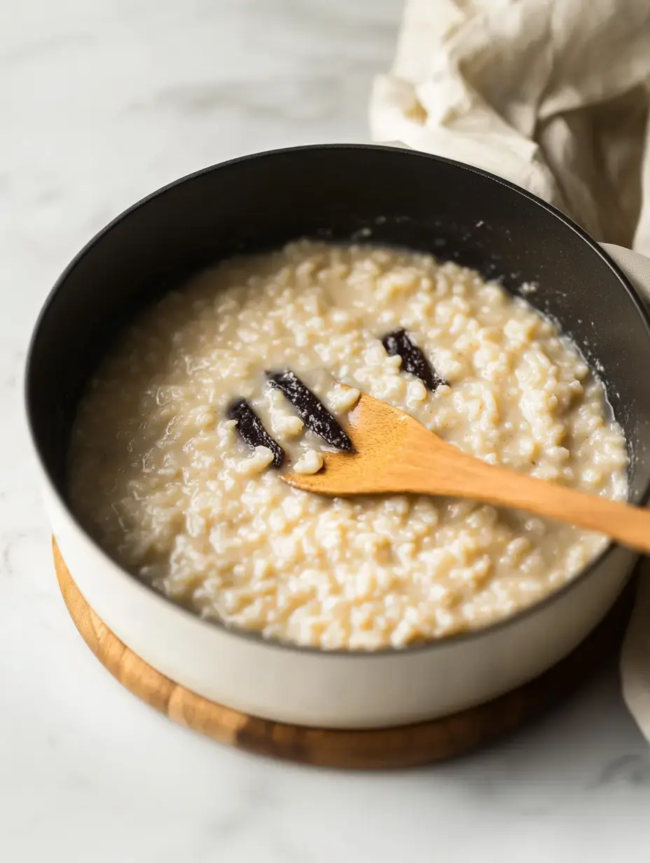 A wooden spoon is stirring creamy rice pudding in a black pot, with vanilla bean pods visible on top, placed on a wooden coaster against a light marble background.