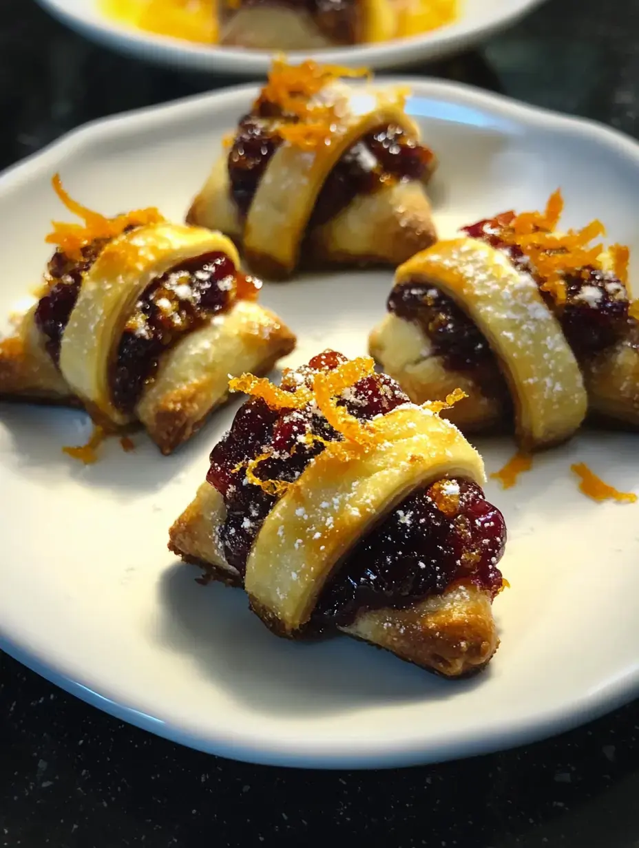 A plate of golden, flaky pastries filled with red jam and topped with orange zest.