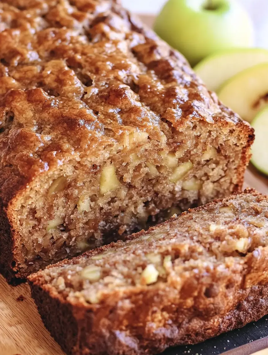 A sliced loaf of apple cake sits on a wooden surface, with pieces of green apple next to it.