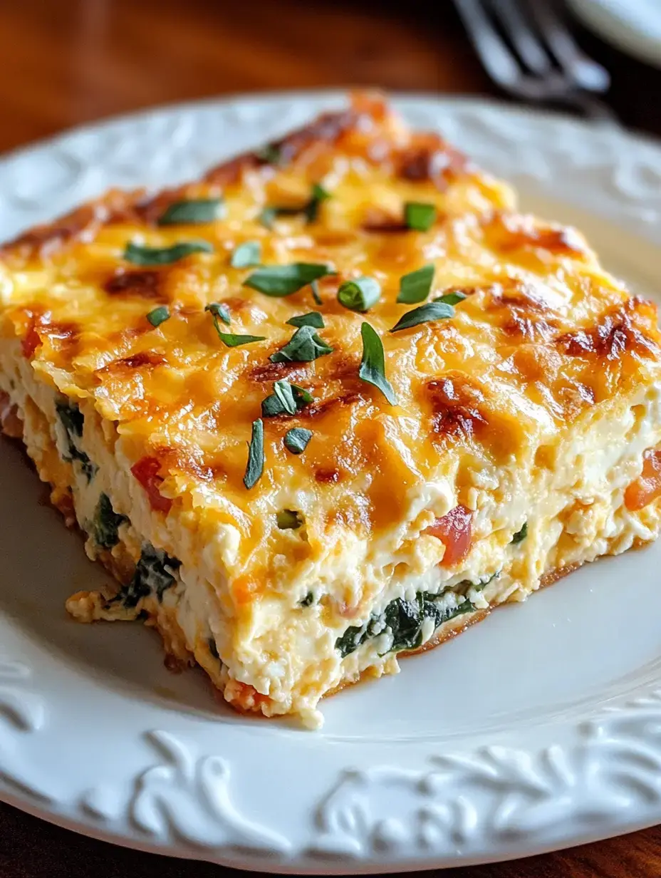 A slice of cheesy baked egg dish with spinach and diced tomatoes, garnished with fresh herbs, served on a decorative plate.