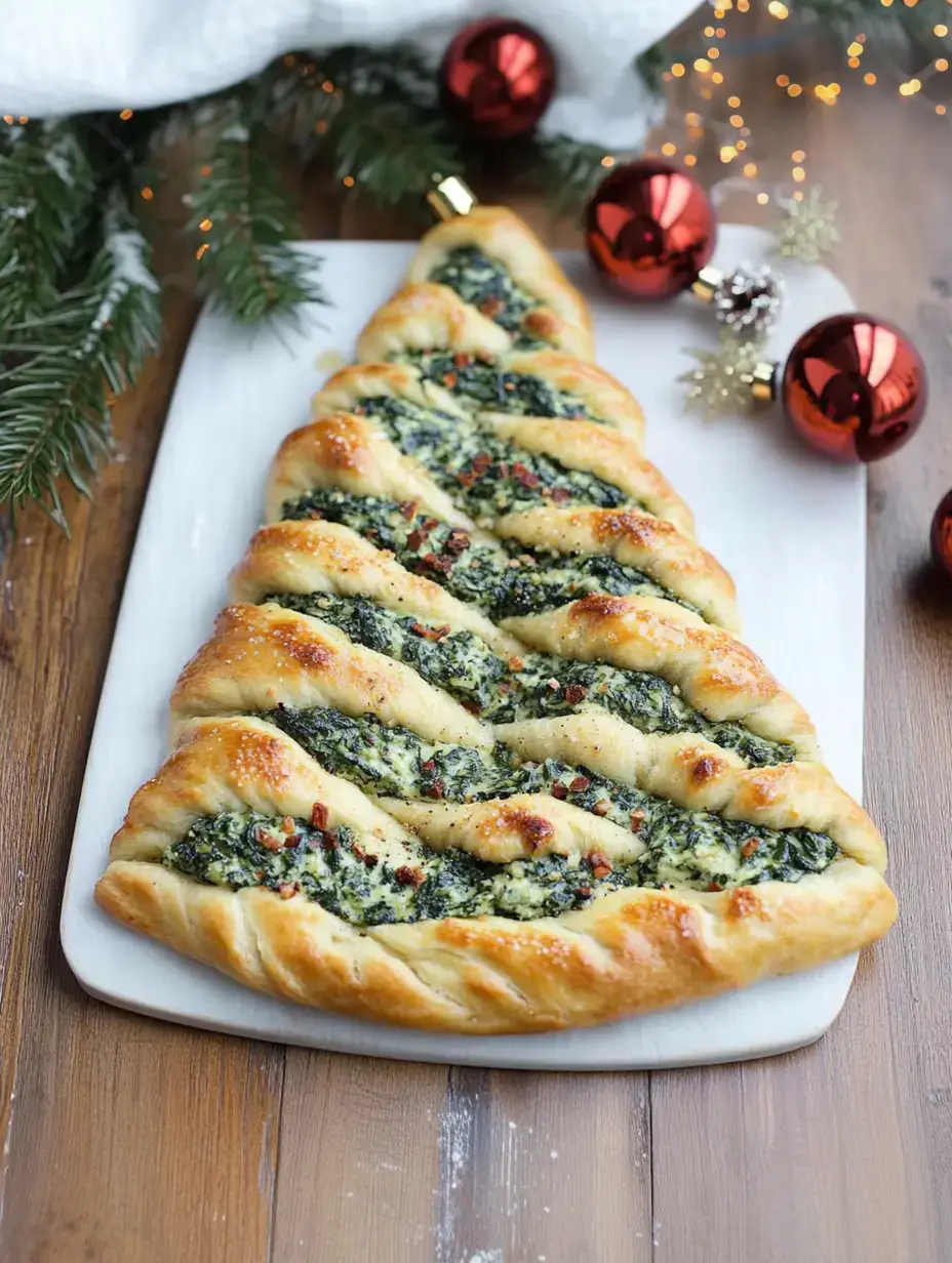 A twisted pastry shaped like a Christmas tree, filled with spinach and cheese, is displayed on a white platter surrounded by festive decorations.