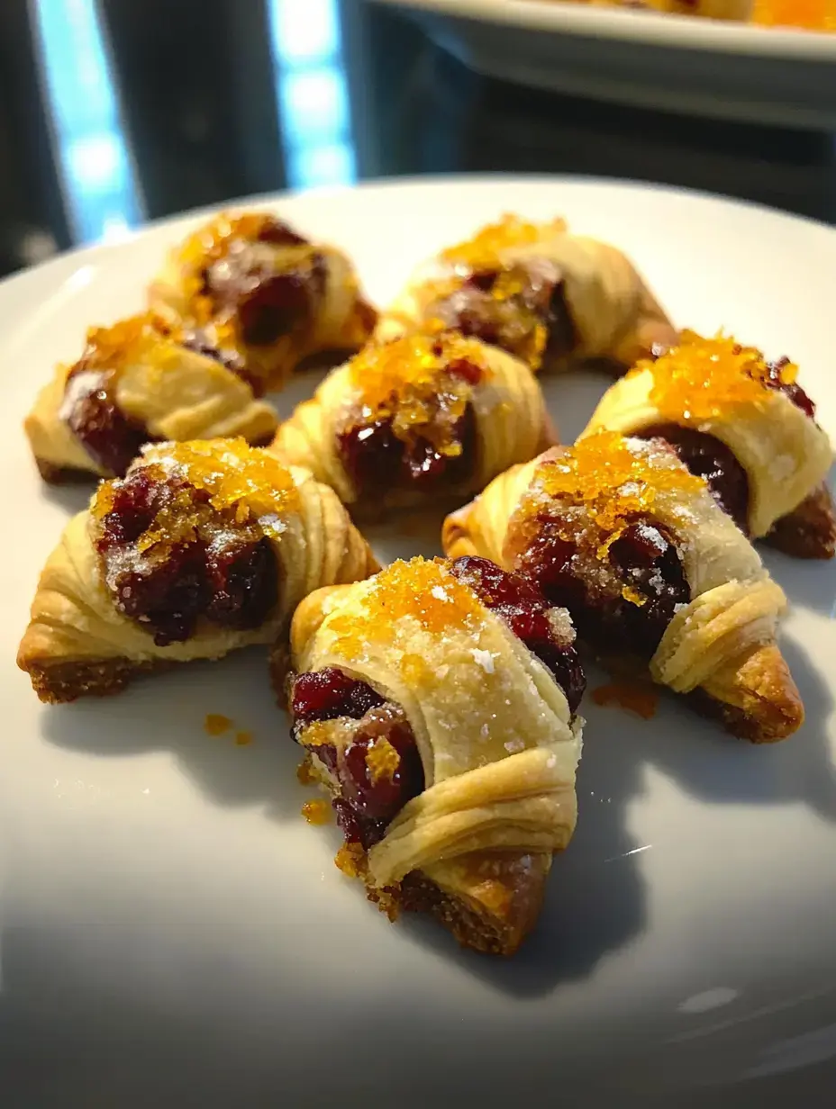 A plate of small, crescent-shaped pastries filled with cranberry and topped with orange zest and powdered sugar.