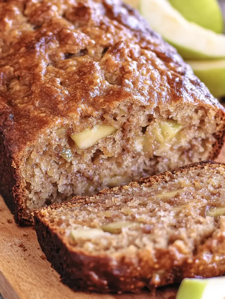 A freshly baked loaf of apple bread is sliced, revealing chunks of green apple inside, with some apple slices arranged beside it.