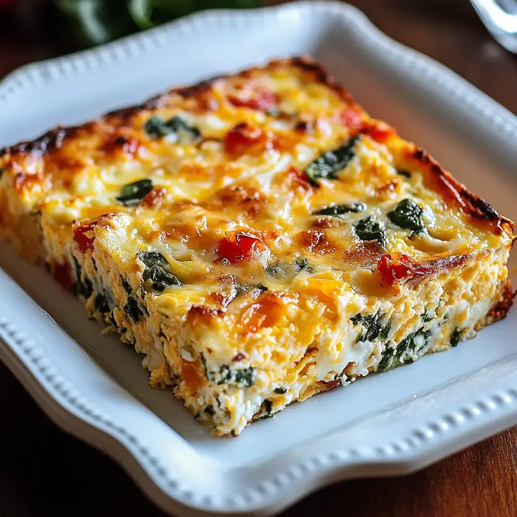 A close-up of a slice of baked egg dish featuring spinach and tomatoes, served on a decorative white plate.