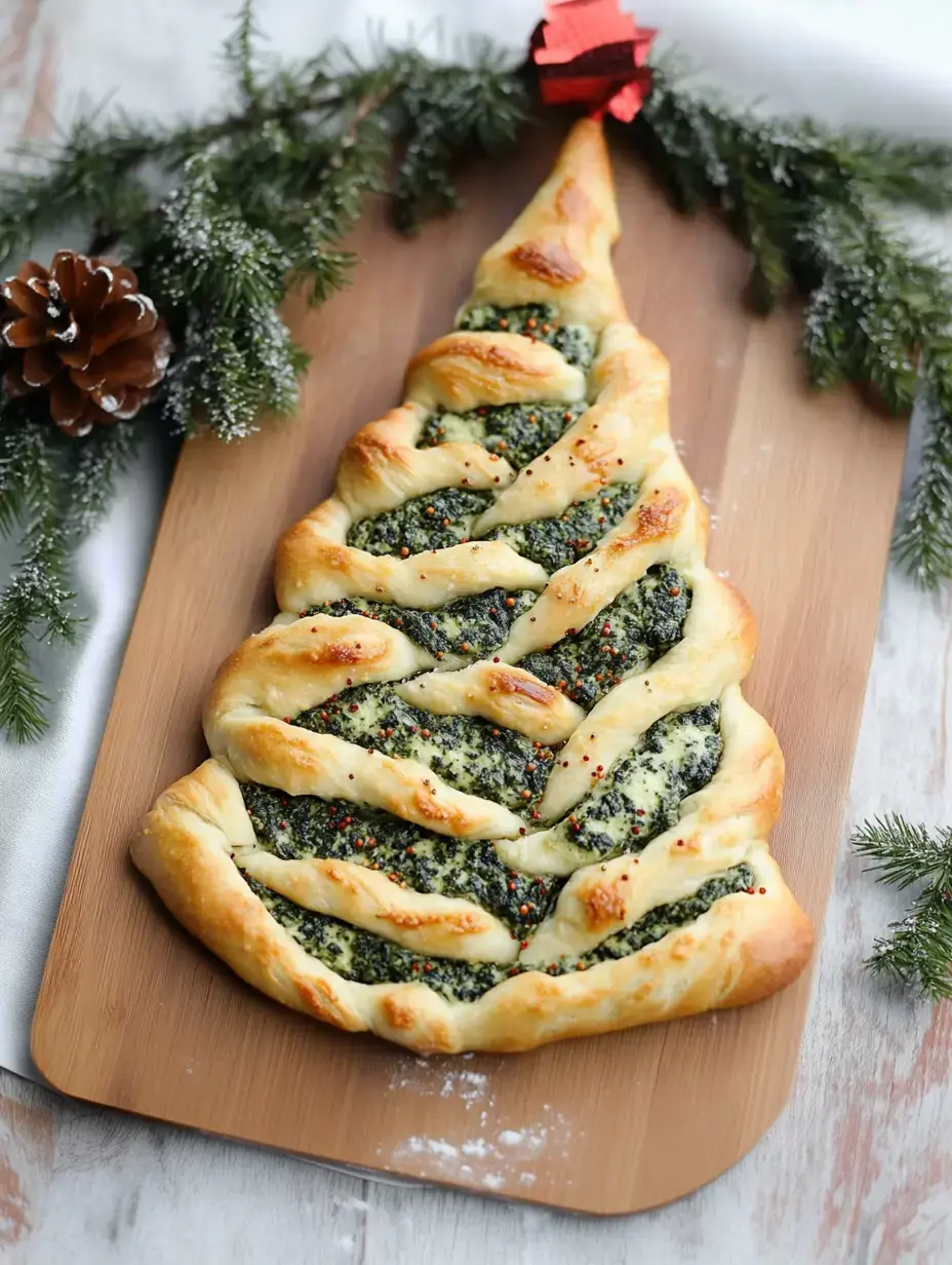 A decorative pastry shaped like a Christmas tree, filled with green herb mixture and sprinkled with colorful toppings, displayed on a wooden board surrounded by festive decorations.