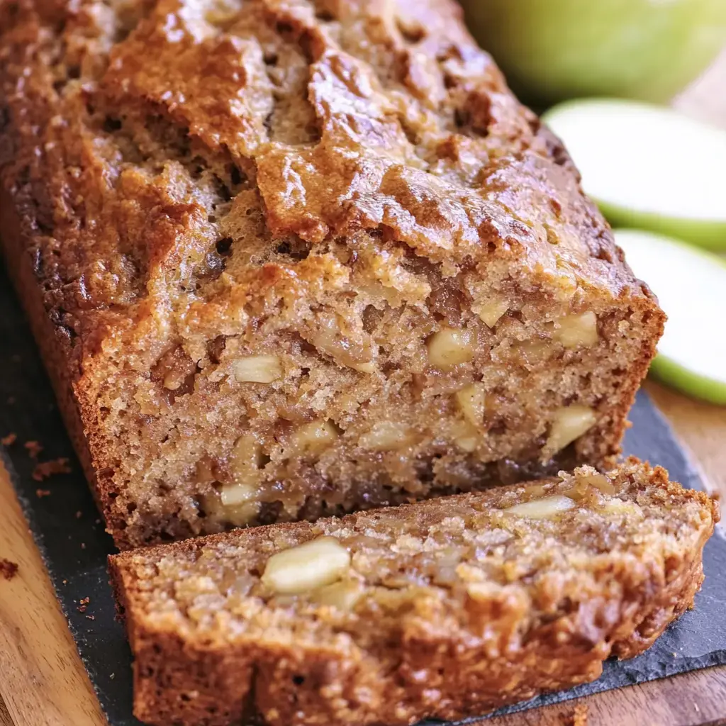 A freshly baked loaf of apple bread, sliced to reveal its moist interior with visible pieces of apple, is displayed alongside green apple slices.