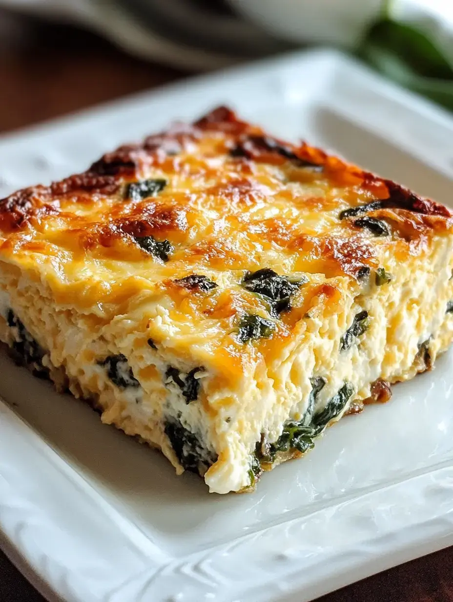 A slice of creamy spinach casserole with a golden, toasted cheese topping on a white plate.