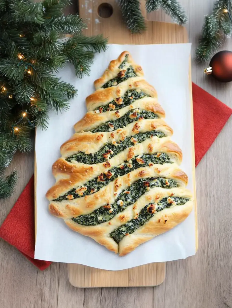 A beautifully shaped pastry in the form of a Christmas tree, filled with spinach and cheese, is displayed on a wooden board with festive decorations nearby.