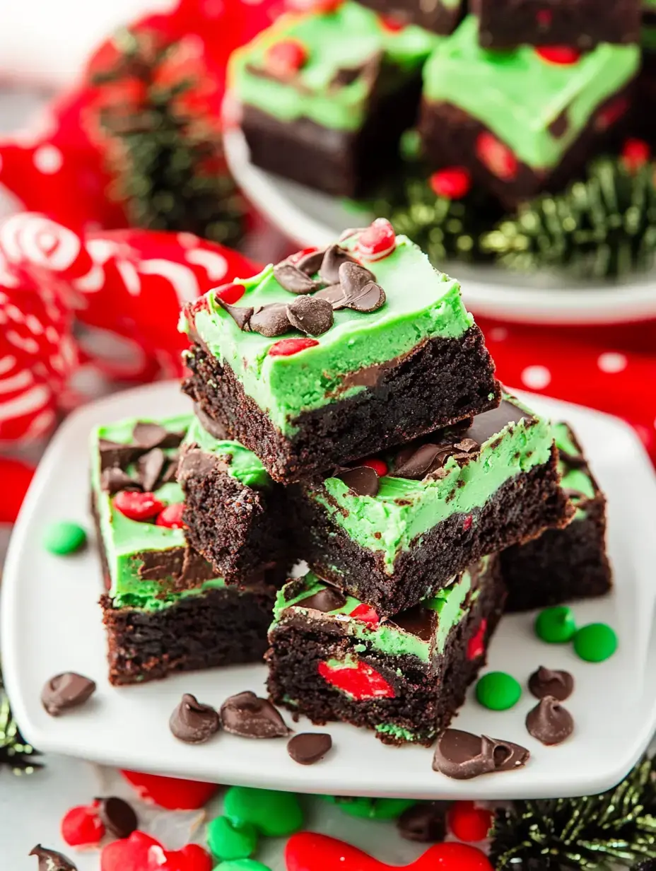 A stack of festive brownies topped with green frosting, chocolate chips, and red and green candies, set against a holiday-themed background.