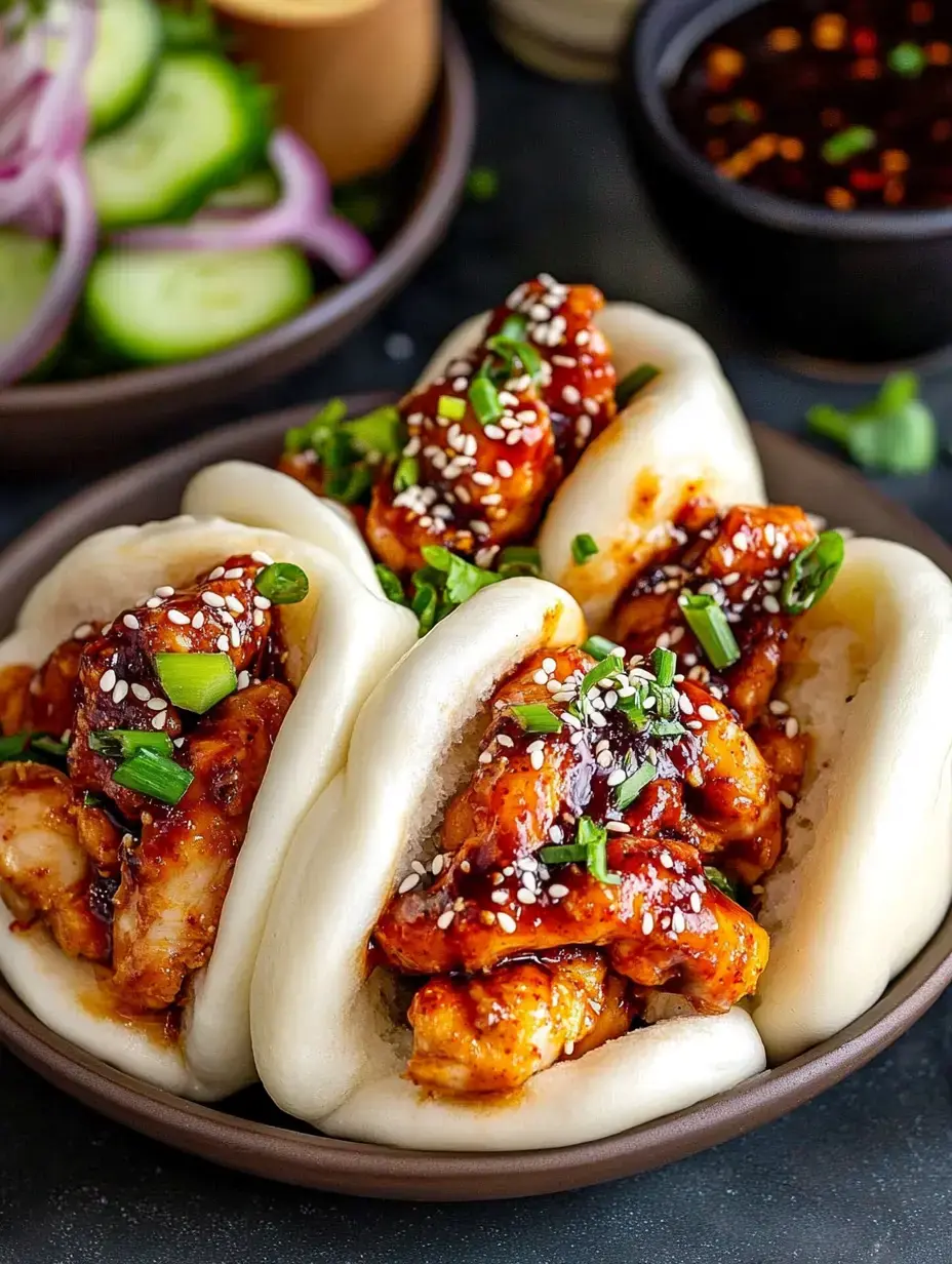 Three steamed bao buns filled with spicy glazed chicken, garnished with green onions and sesame seeds, served on a brown plate with cucumber and onion sides in the background.