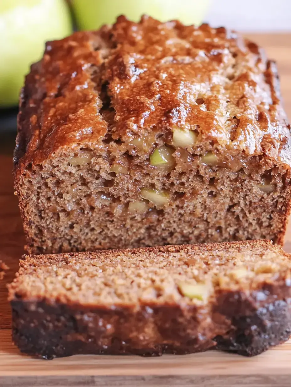 A sliced loaf of apple bread, showing its moist interior with pieces of apple, is placed on a wooden surface with green apples in the background.