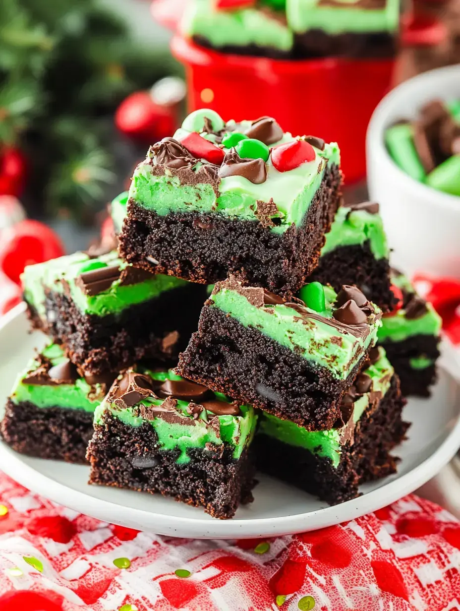 A plate stacked with vibrant green and chocolate brownies topped with red and green candies, set against a festive backdrop.