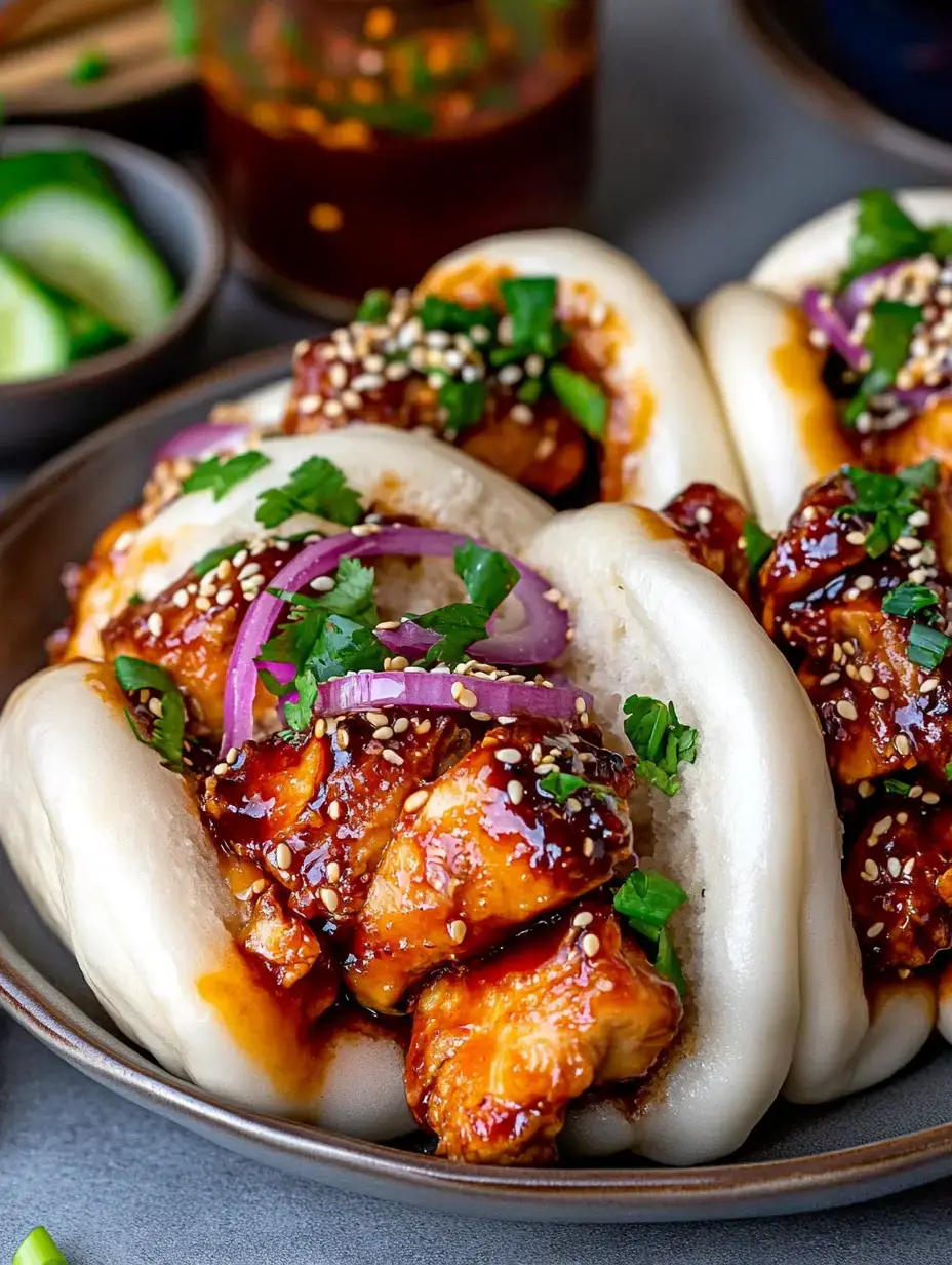 A close-up of bao buns filled with glazed chicken, garnished with sesame seeds, cilantro, and red onion, served on a plate alongside cucumbers.