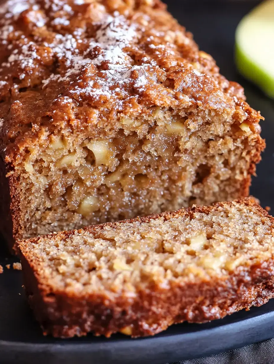 A sliced loaf of banana bread with a crumbly texture and light powdered sugar on top, placed on a black plate.