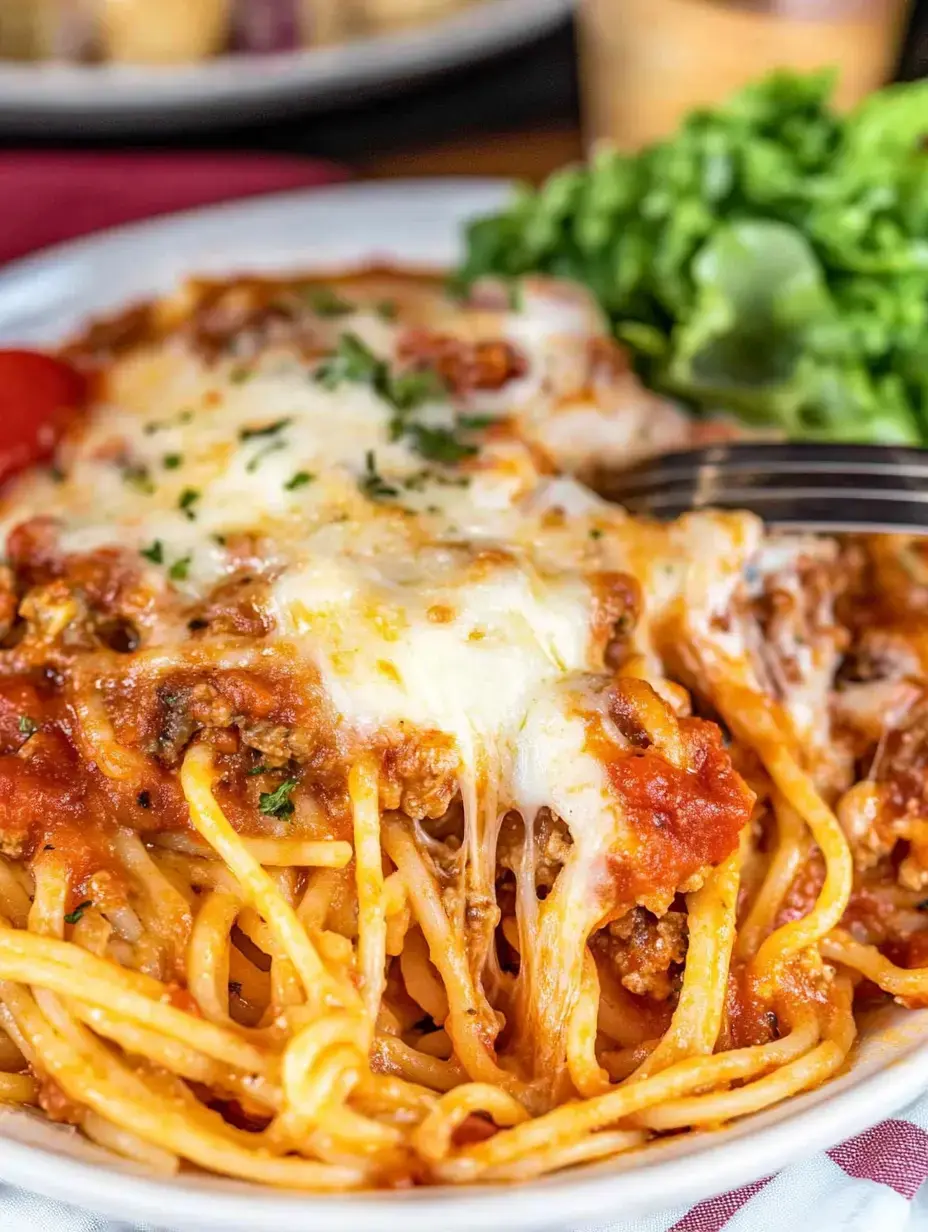 A plate of spaghetti topped with melted cheese and meat sauce, accompanied by a side of green salad.