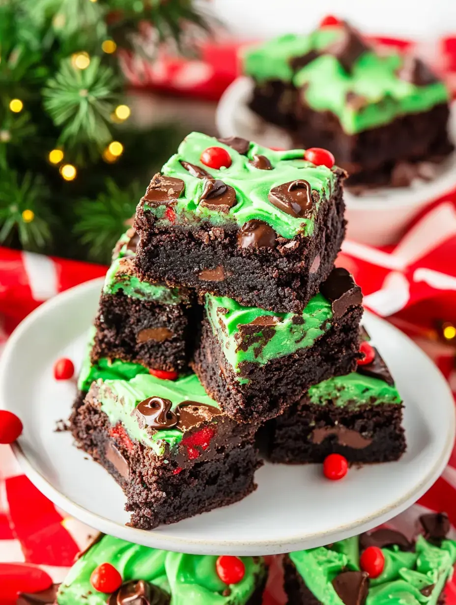 A stack of festive Christmas brownies topped with green icing, chocolate chips, and red candy ornaments on a white plate, set against a holiday-themed background.