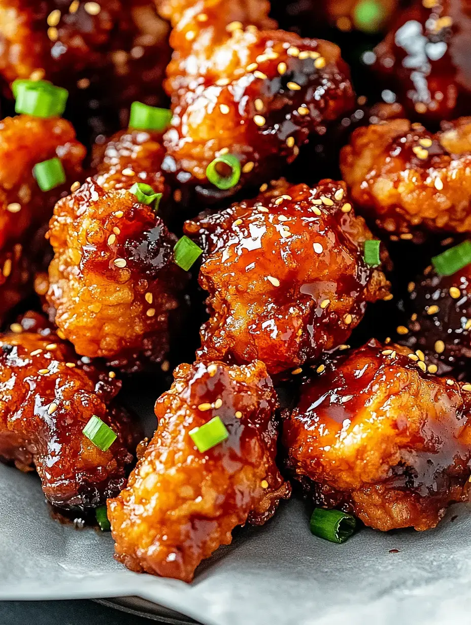 A close-up image of glazed fried chicken pieces garnished with sesame seeds and green onions on a gray plate.