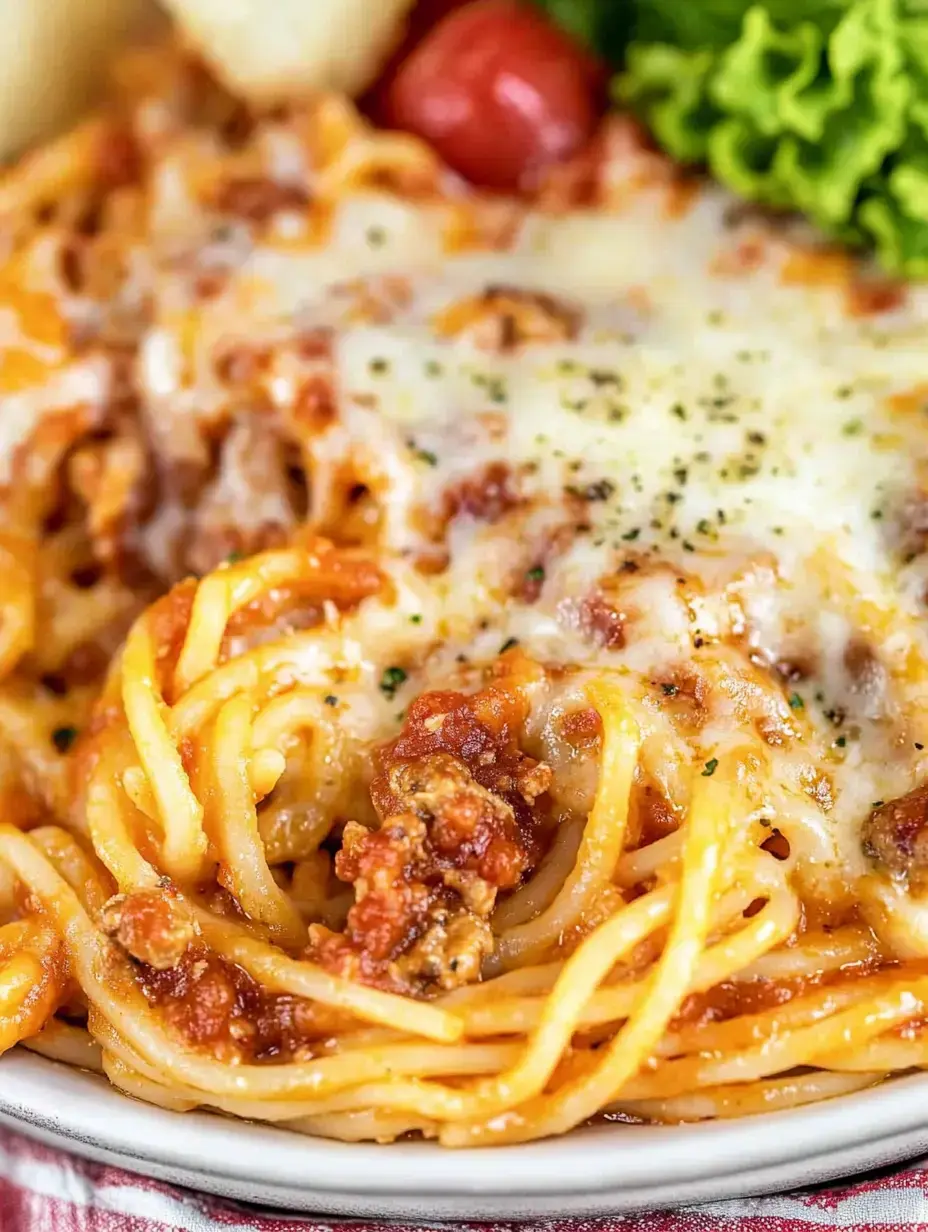 A close-up of a plate of spaghetti topped with meat sauce and melted cheese, accompanied by cherry tomatoes and lettuce.