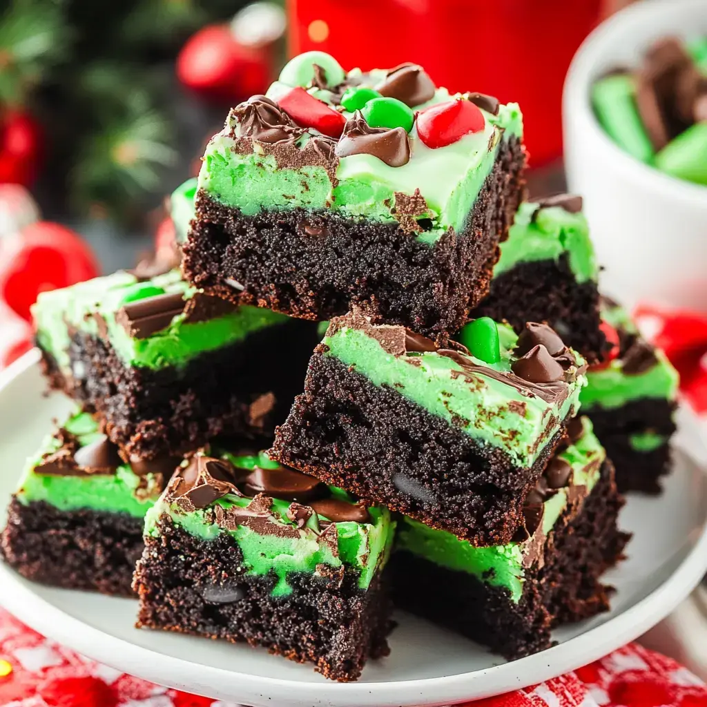 A stack of festive green and black brownies topped with chocolate and colorful candy decorations.