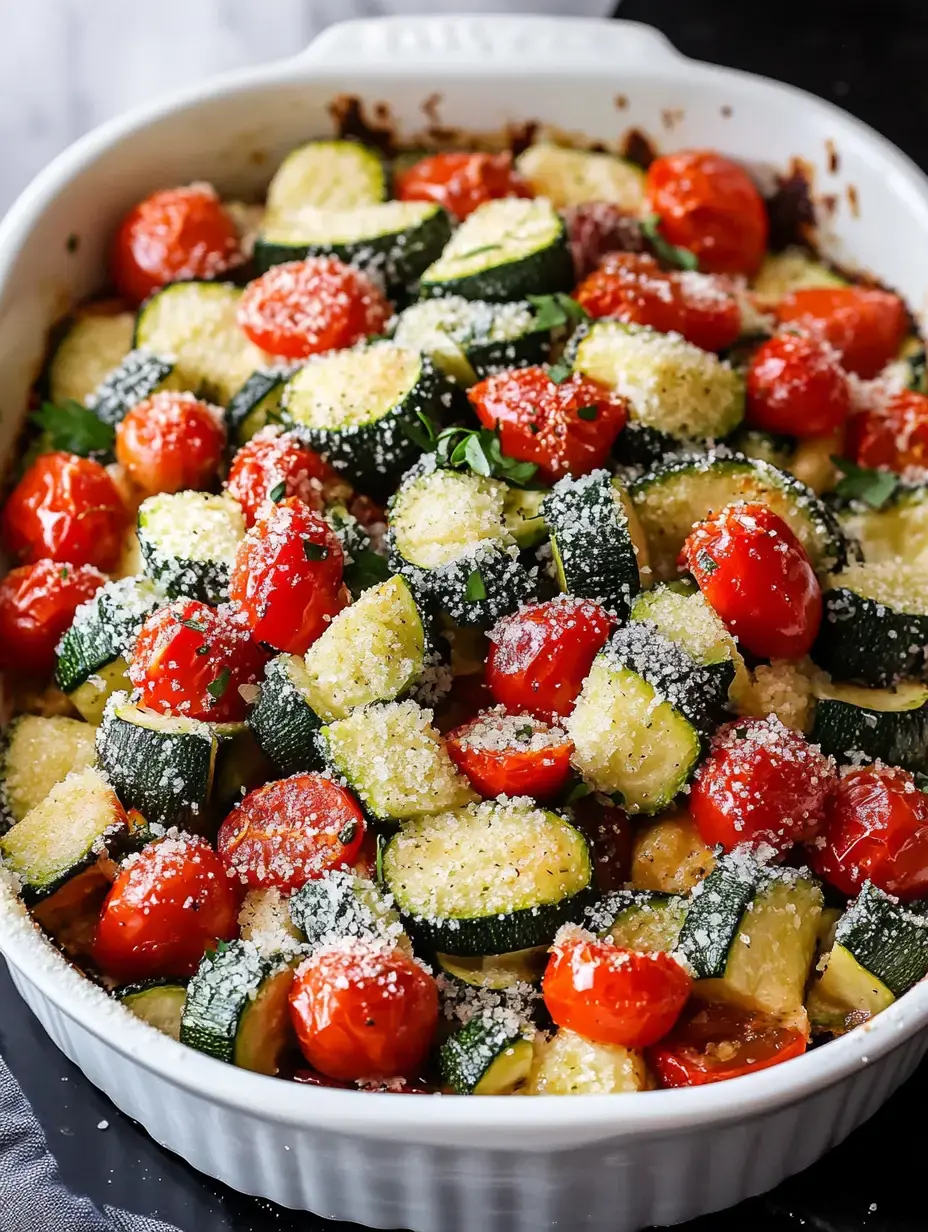 A white baking dish filled with roasted zucchini and cherry tomatoes topped with grated cheese and herbs.