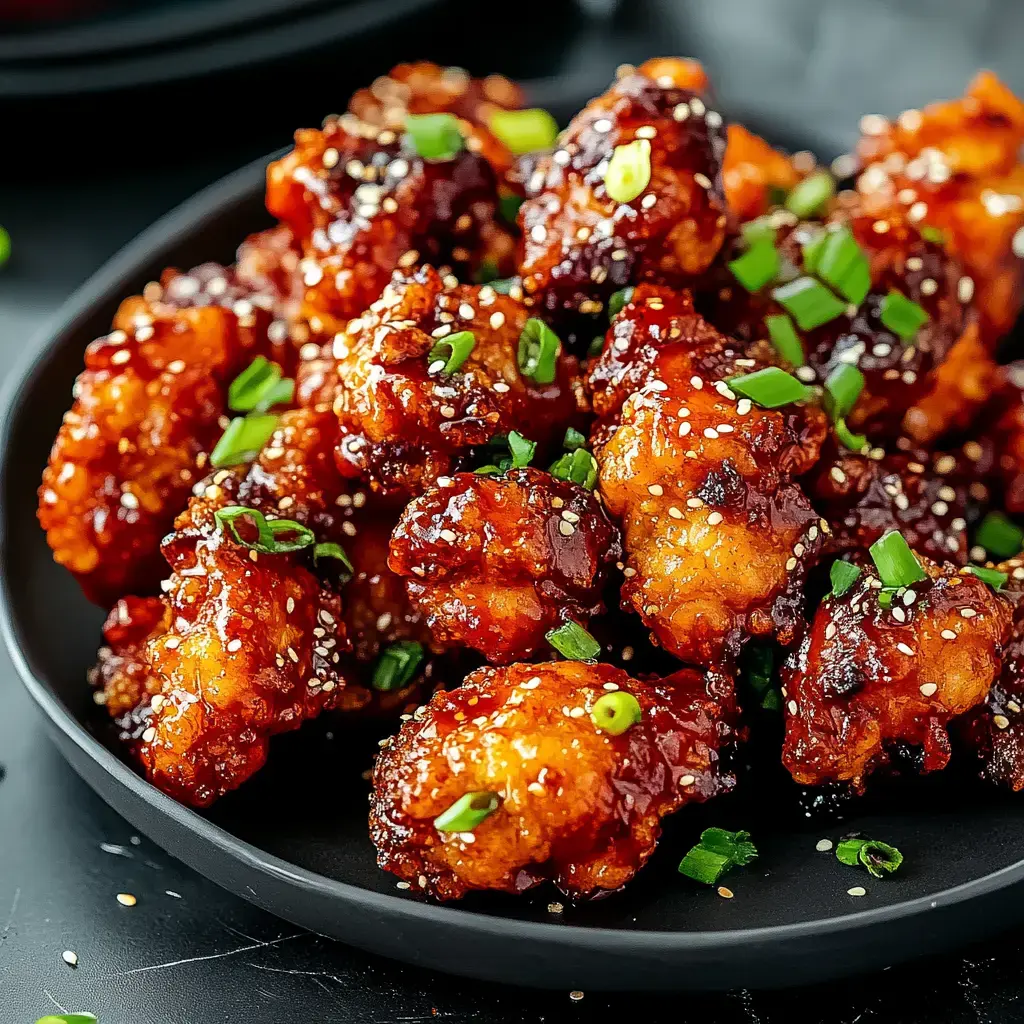 A close-up of crispy, glazed chicken pieces garnished with green onions and sesame seeds on a black plate.