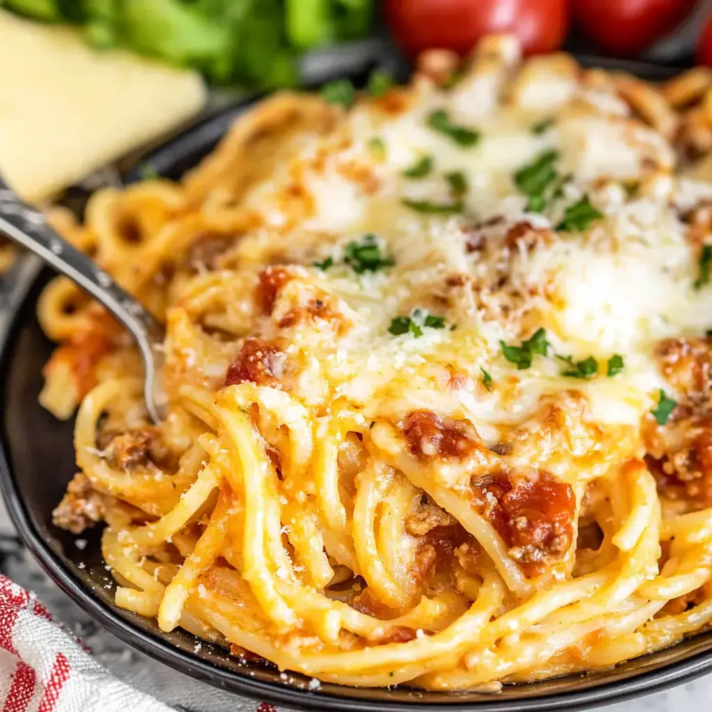 A close-up of a plate of spaghetti topped with melted cheese, meat sauce, and garnished with parsley, accompanied by fresh vegetables on the side.