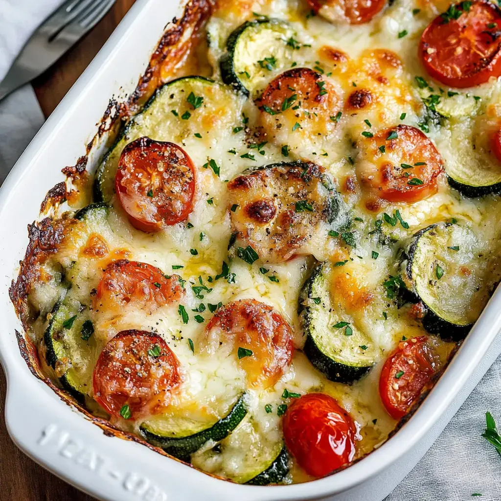 A baked vegetable dish featuring sliced zucchini, cherry tomatoes, and melted cheese, garnished with parsley.