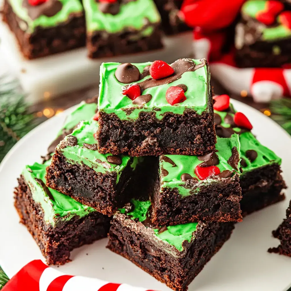 A stack of festive brownies with green frosting, chocolate chips, and red heart-shaped candies on a white plate.