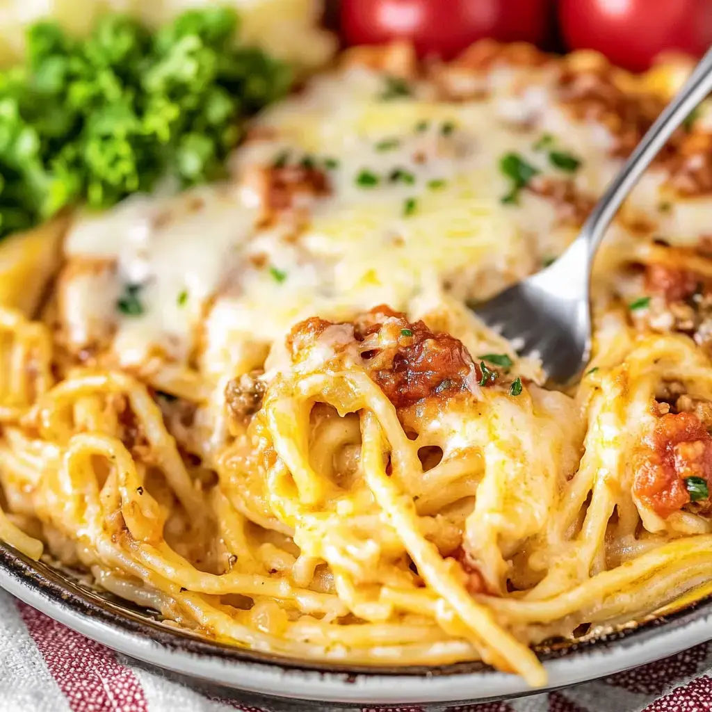 A close-up of creamy spaghetti topped with melted cheese and garnished with parsley, accompanied by lettuce and tomatoes.