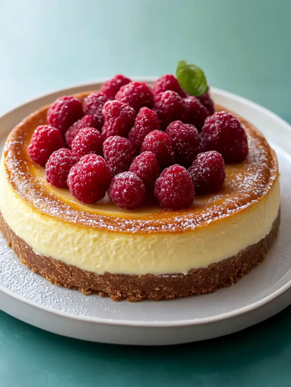 A creamy cheesecake topped with fresh raspberries and a dusting of powdered sugar on a pale plate.