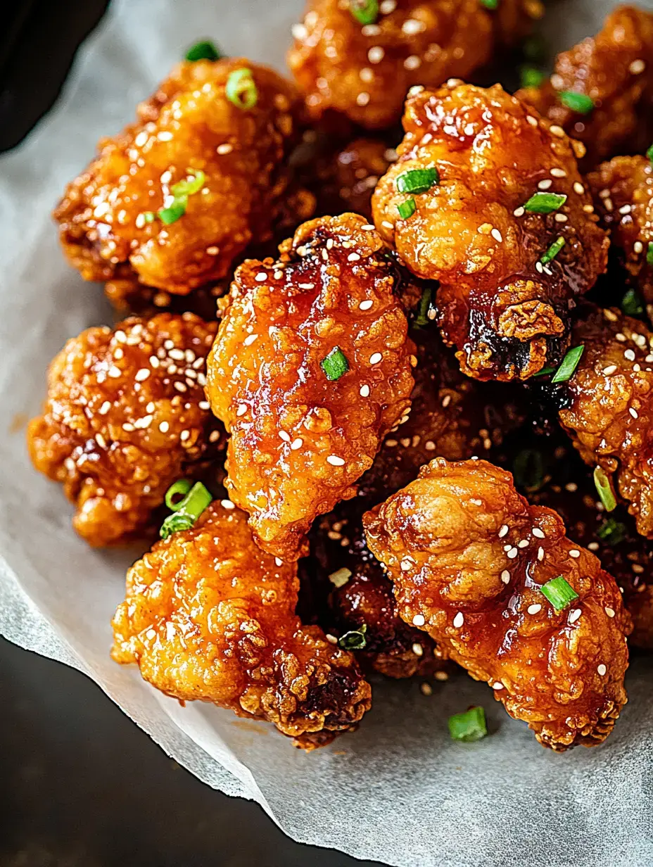 A close-up of crispy, glazed chicken wings garnished with sesame seeds and chopped green onions on a piece of parchment paper.