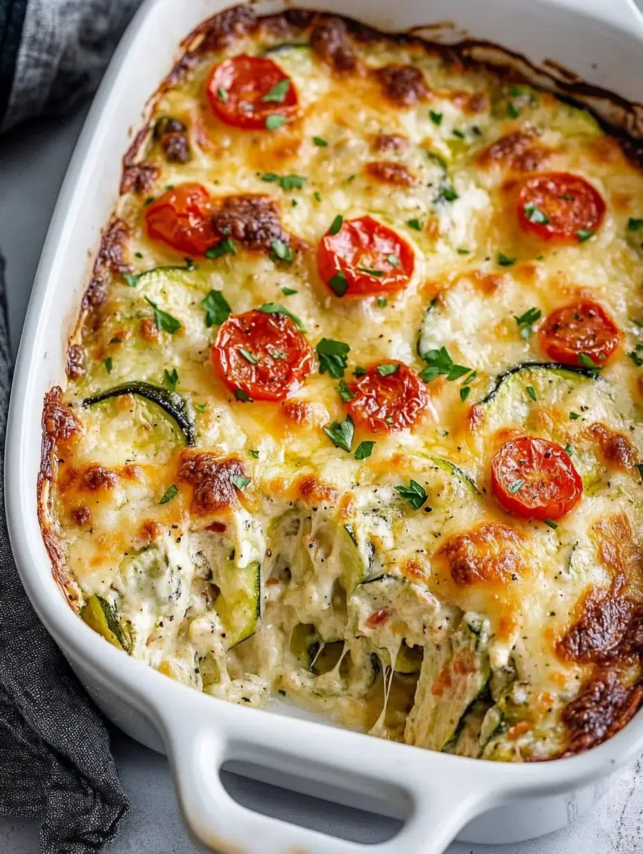 A baked dish of creamy zucchini, topped with melted cheese and cherry tomatoes, served in a white casserole dish.