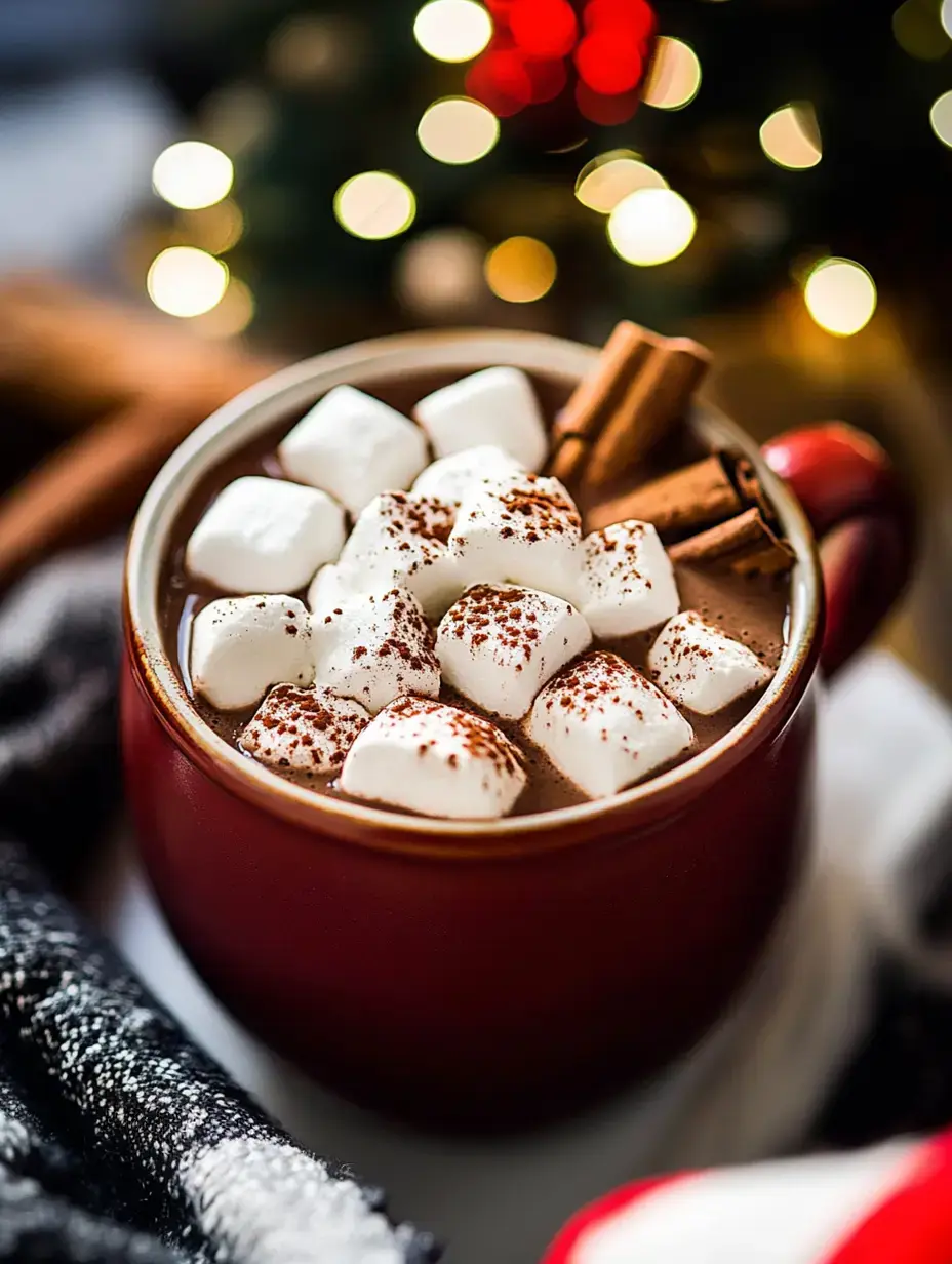 A cozy red mug filled with hot chocolate, topped with marshmallows and cinnamon sticks, sits against a blurred festive background with lights.