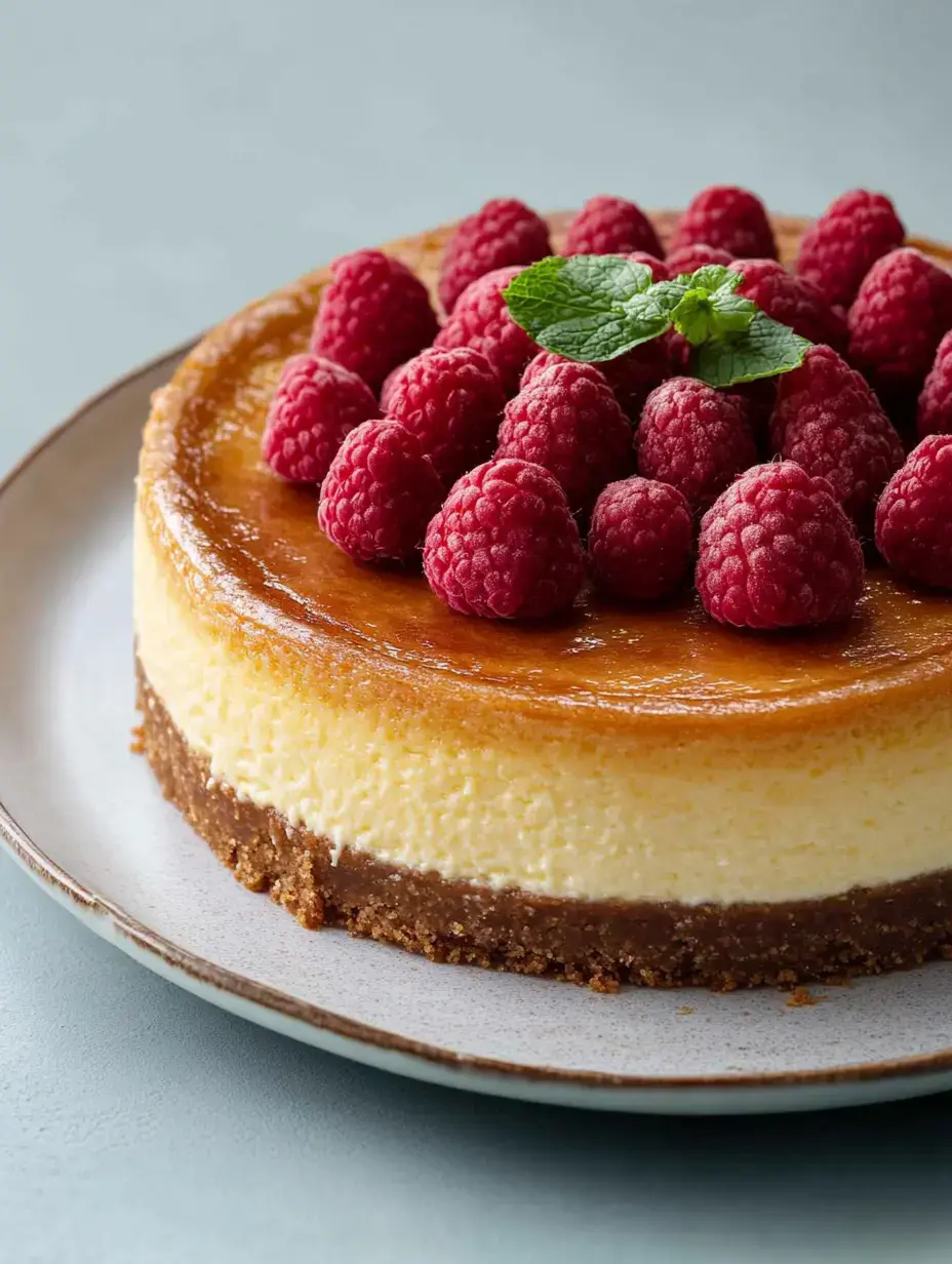 A creamy cheesecake topped with fresh raspberries and a mint leaf, served on a decorative plate.