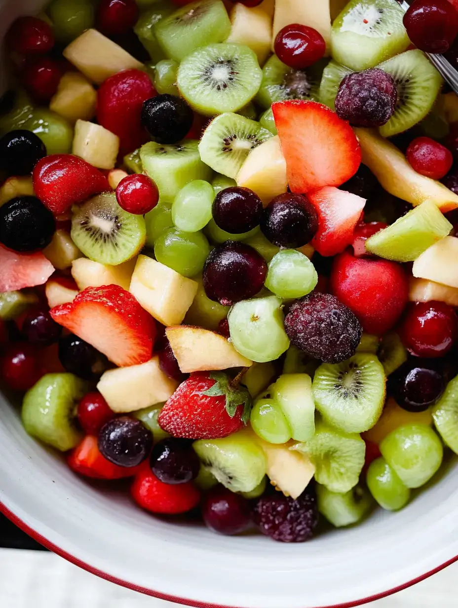 A colorful fruit salad featuring diced strawberries, kiwi, green grapes, black grapes, and various other fresh fruits.