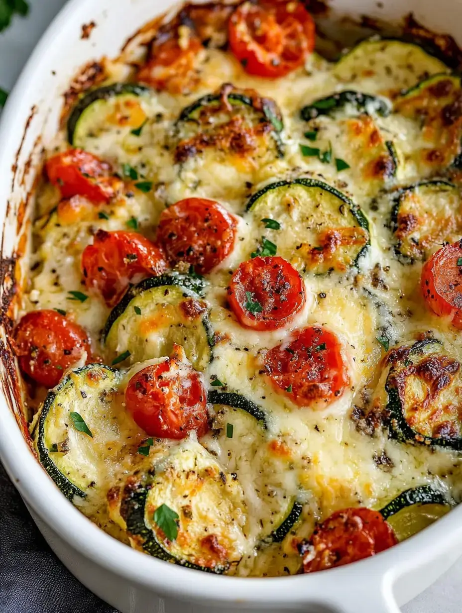 A cheesy baked dish featuring sliced zucchini and cherry tomatoes, garnished with herbs.