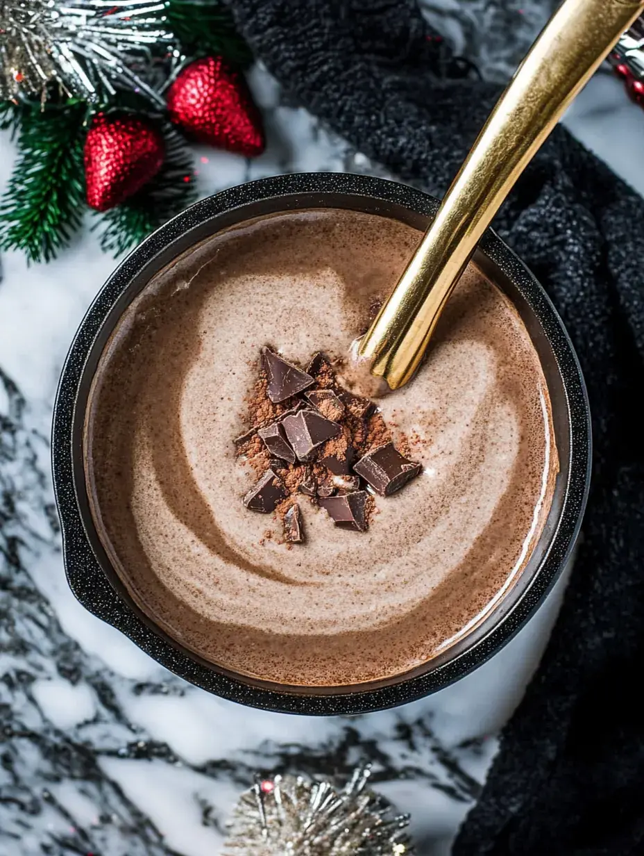 A close-up of a bowl of creamy hot chocolate topped with chocolate chunks, surrounded by festive decorations.