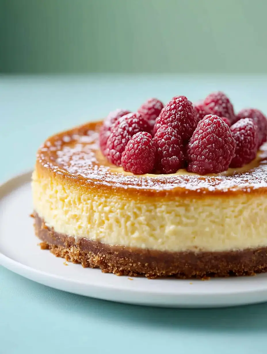 A slice of cheesecake topped with fresh raspberries and dusted with powdered sugar on a white plate.