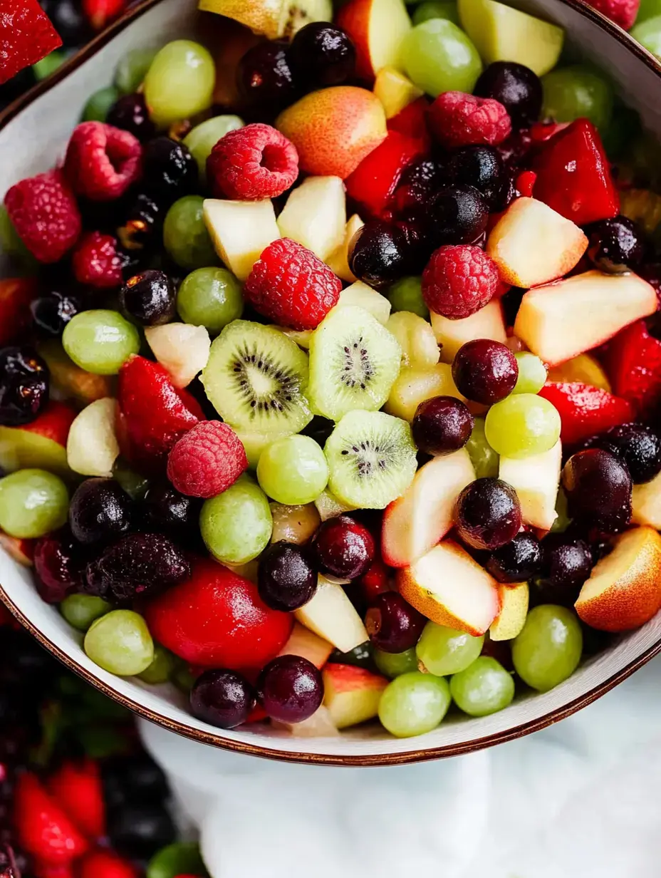 A vibrant bowl of mixed fruit featuring raspberries, grapes, kiwi, strawberries, and apple pieces.