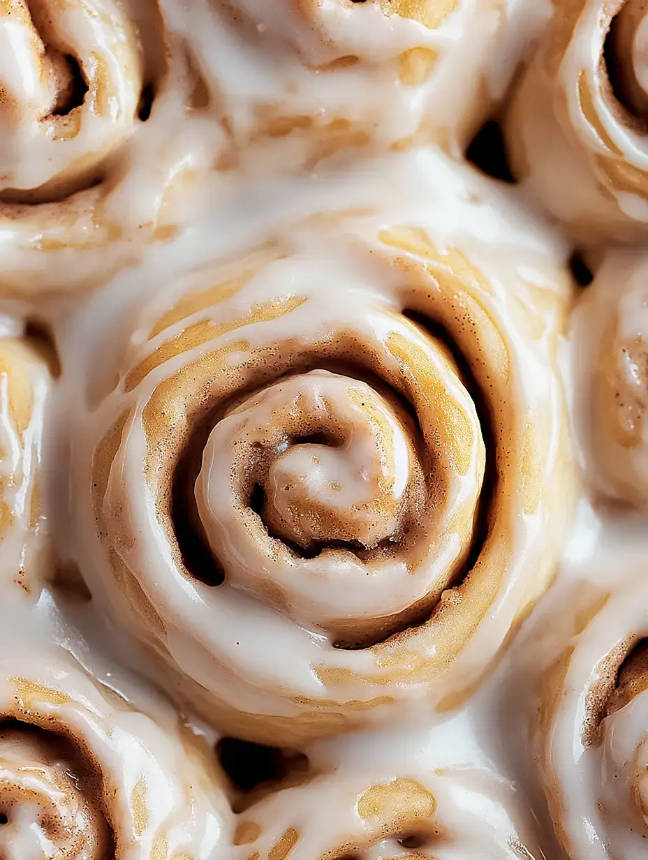 Close-up of cinnamon rolls topped with white icing.