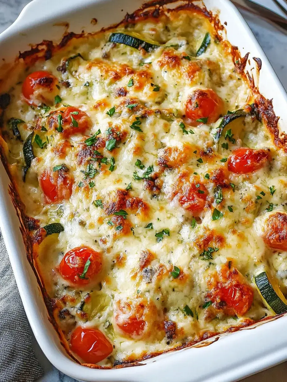 A baked dish featuring melted cheese, cherry tomatoes, and zucchini with a golden brown crust, garnished with fresh parsley.