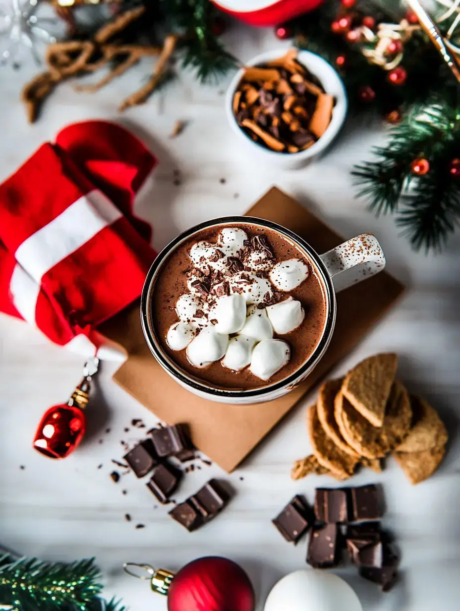 A cozy arrangement featuring a mug of hot chocolate topped with marshmallows, surrounded by festive decorations, chocolate pieces, cookies, and a red and white napkin.