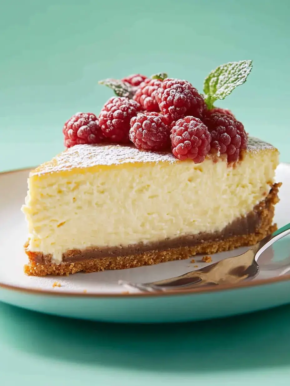 A slice of cheesecake topped with raspberries and a mint leaf, served on a white plate against a light green background.